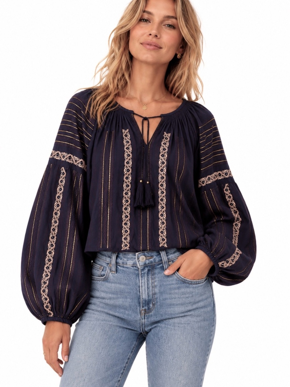 LoveShackFancy Navy Purple Embroidered Sequin Balloon Sleeve Boho Blouse